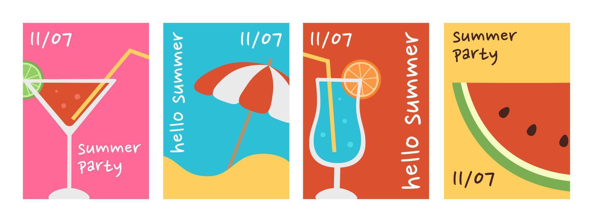 Summer posters set with cocktails, beach umbrella and watermelon. Hello summer, summer party. Vacation banner, flyer, invitation templates on colorful background. Flat illustration vector