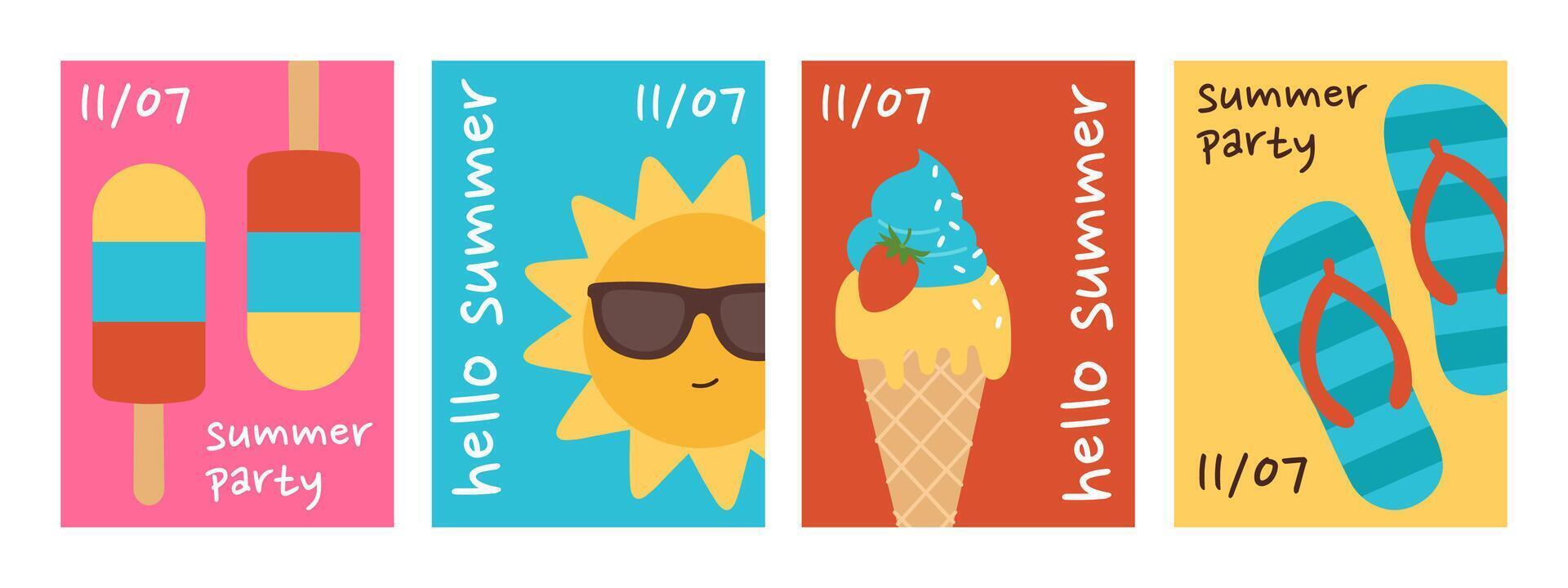 Summer posters set with ice cream, sun and flip flops. Hello summer, summer party. Vacation banner, flyer, invitation templates on colorful background. Flat illustration vector