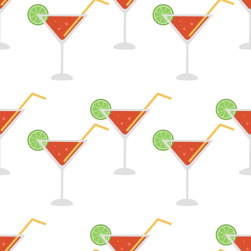 Seamless pattern with Cosmopolitan cocktails with lime and straw on white background. Summer refreshing alcoholic drink. Design for bar. Flat illustration for wallpaper, textile, packaging vector