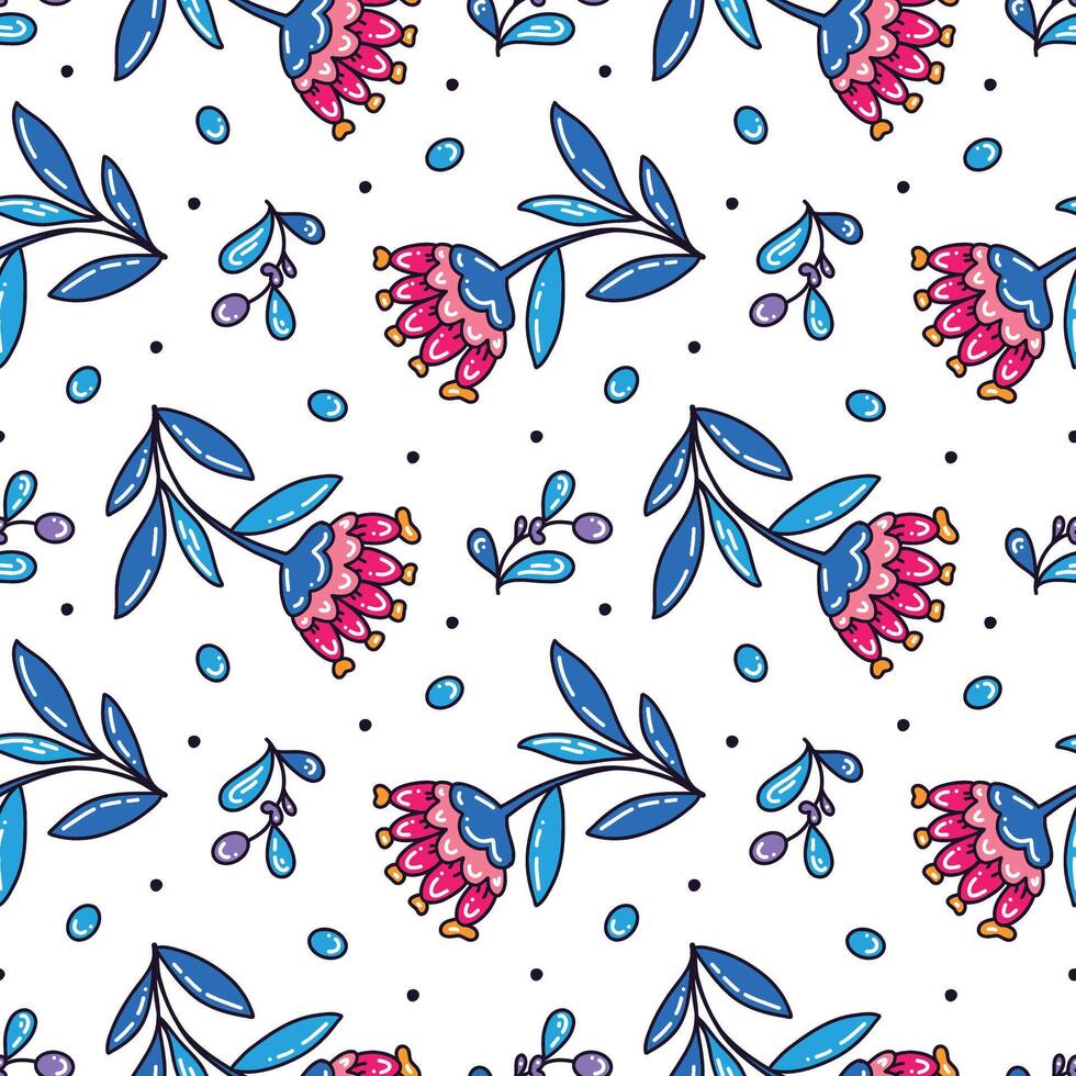 Seamless children's pattern with colorful funny drawings of leaves and flowers. A pattern with cute botanical designs. vector