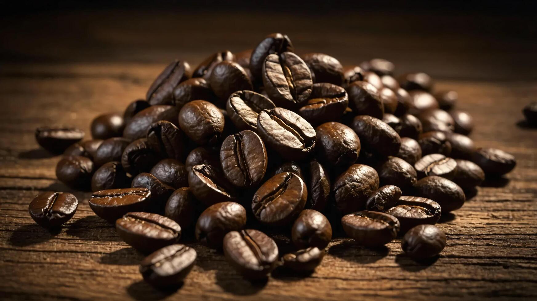 A cinematic, atmospheric shot of coffee beans arranged on a rustic wooden surface photo