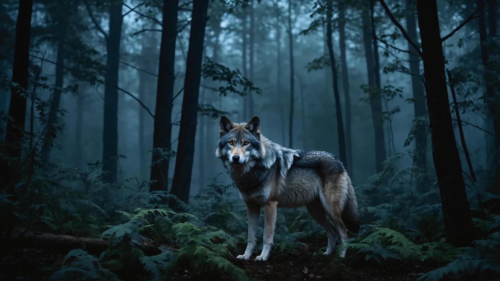 A hyper-realistic, cinematic portrayal of a majestic wolf standing alert in a mist-covered forest under a full moon photo