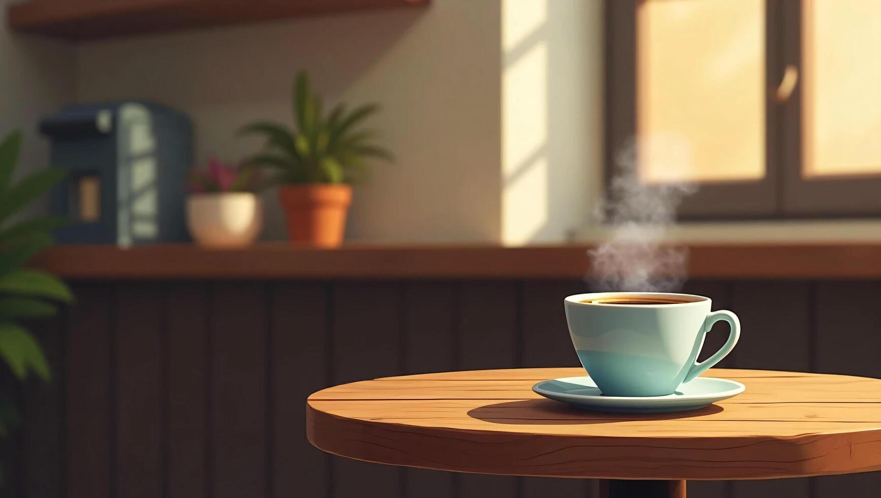 A realistic digital illustration of a quaint coffee shop corner featuring a steaming cup of coffee on a rustic wooden table photo