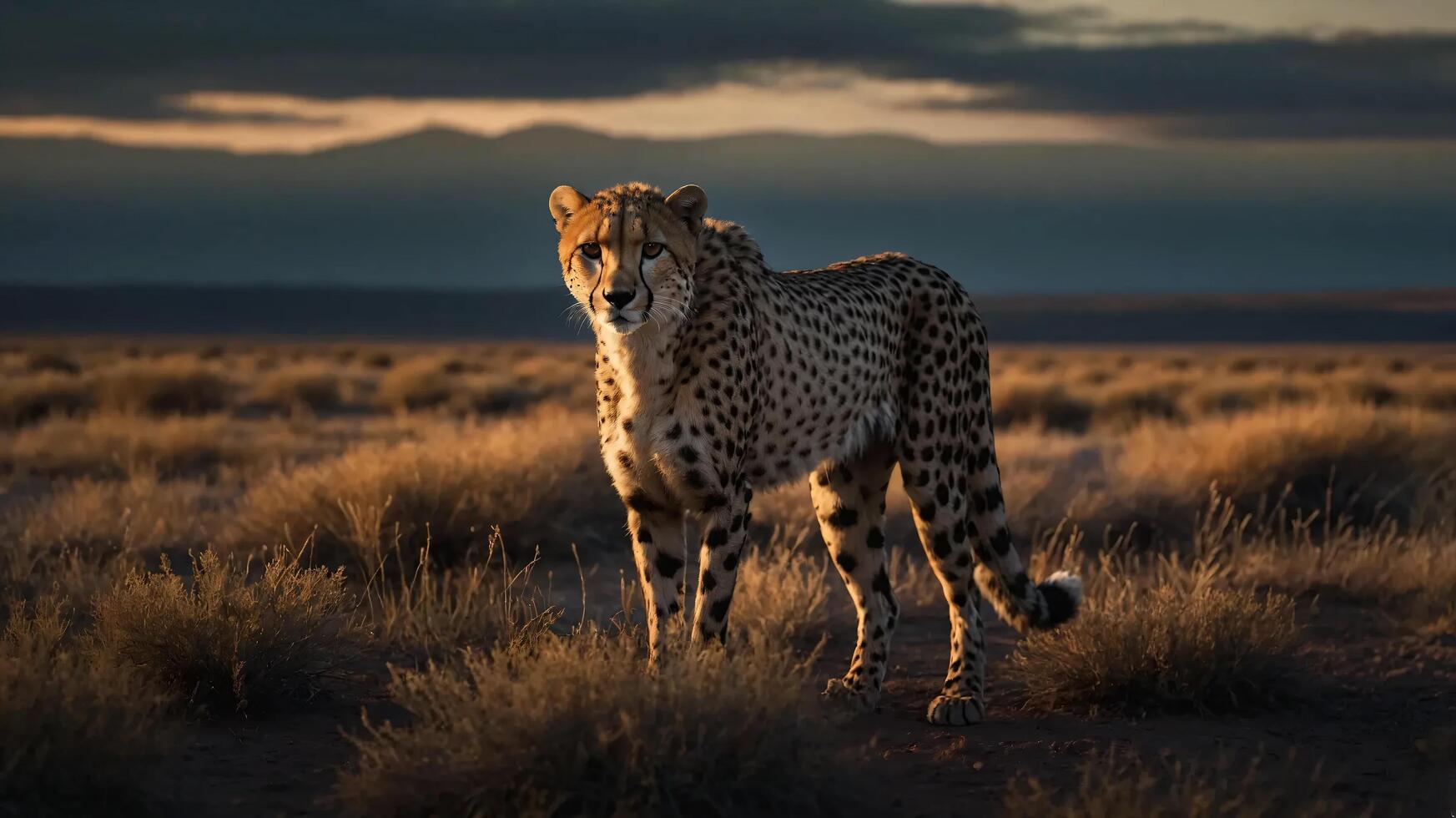 A hyper-realistic cinematic scene featuring a sleek cheetah poised on the edge of the dark plains at dusk photo
