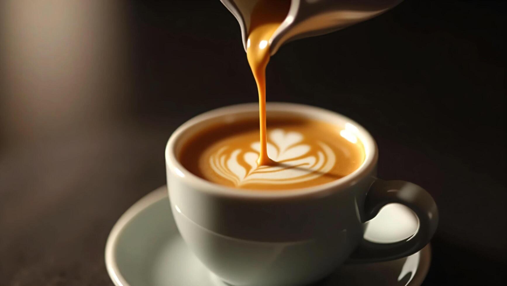 A hyper-realistic digital photograph capturing the moment an espresso shot is poured into a small cup photo