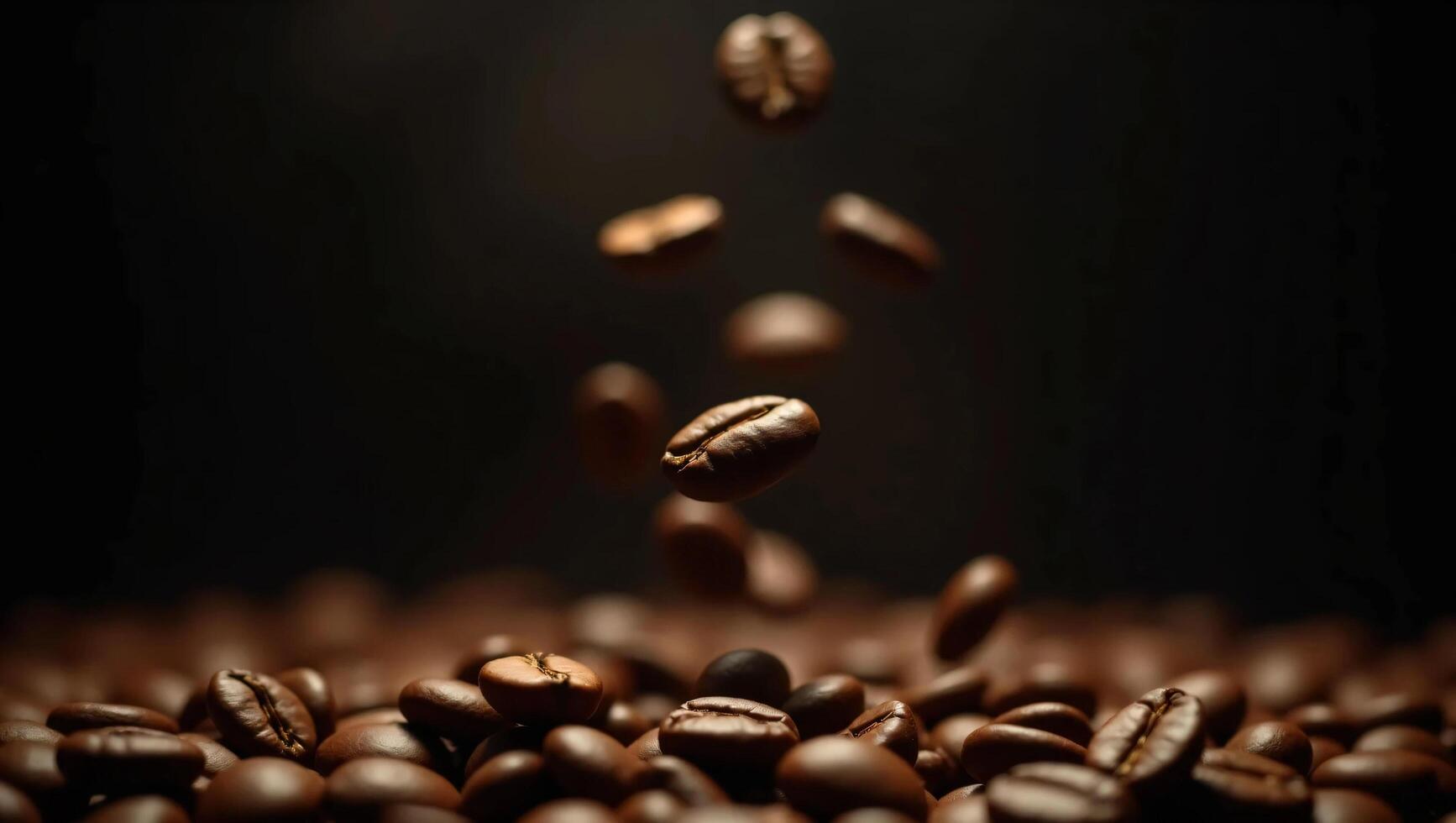 A dynamic, cinematic scene featuring coffee beans in mid-air as if tossed during the roasting process. photo