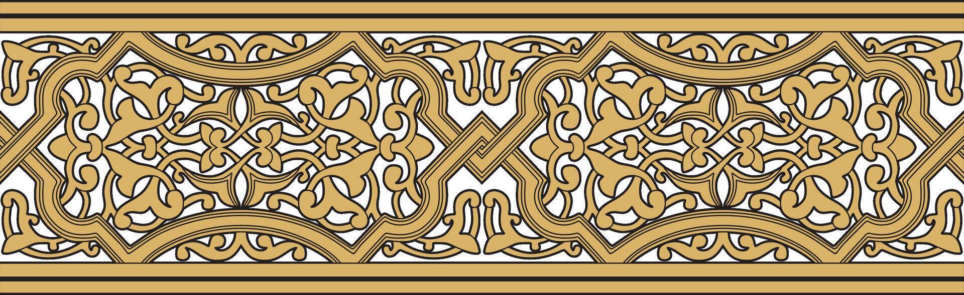 golden seamless oriental national ornament. Endless ethnic floral border, arab frame. Persian paint vector