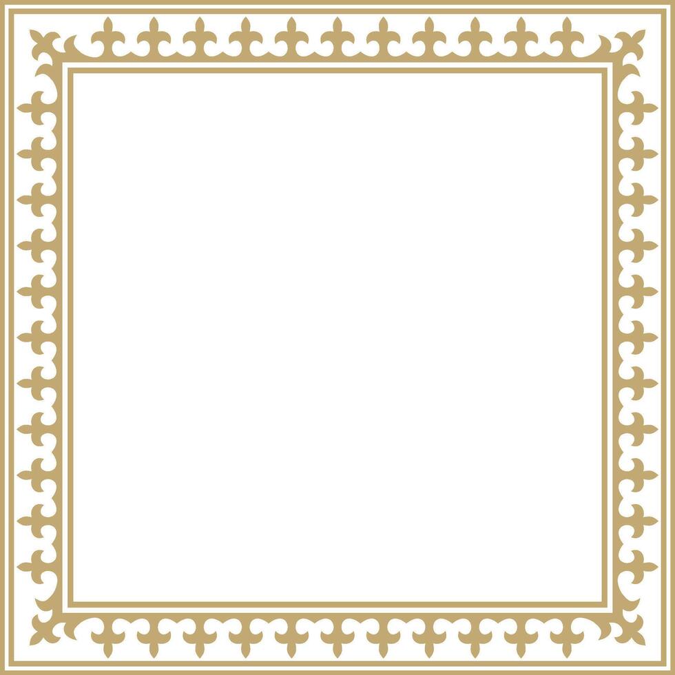 golden square Kazakh national ornament. Ethnic pattern of peoples of the Great Steppe, Mongols, Kyrgyz, Kalmyks, Buryats. Square frame border. vector