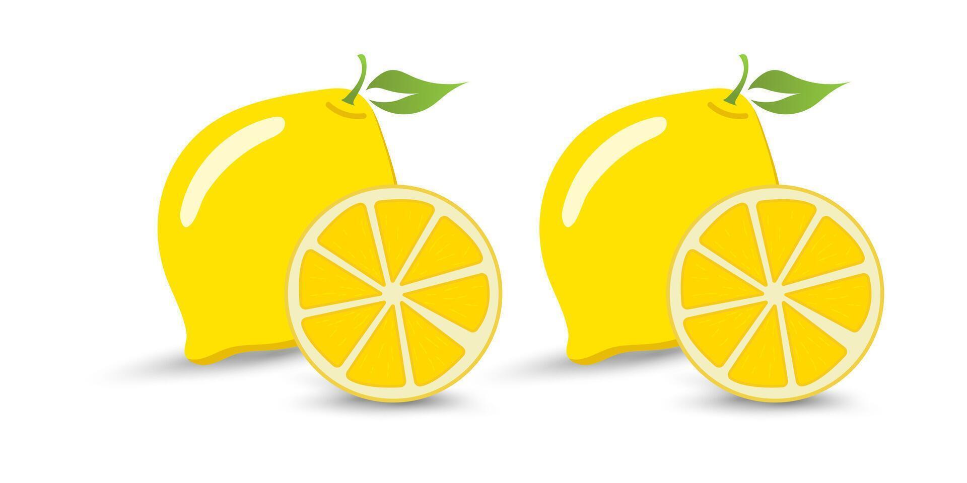 Set of two fresh, bright yellow lemons are paired with a neatly sliced half, showcasing its juicy, citrusy interior. and a Yellow lemon vector