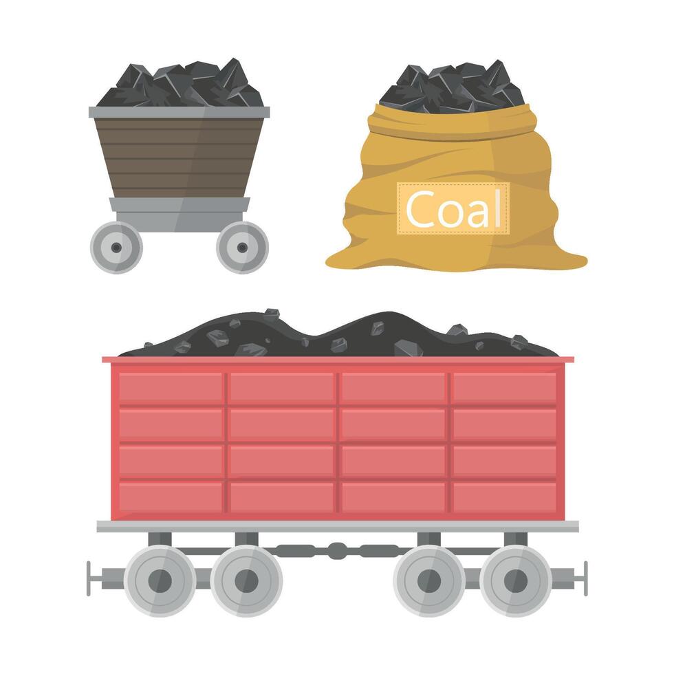 Set of coal transportation and storage icons on white background. Coal industry. vector