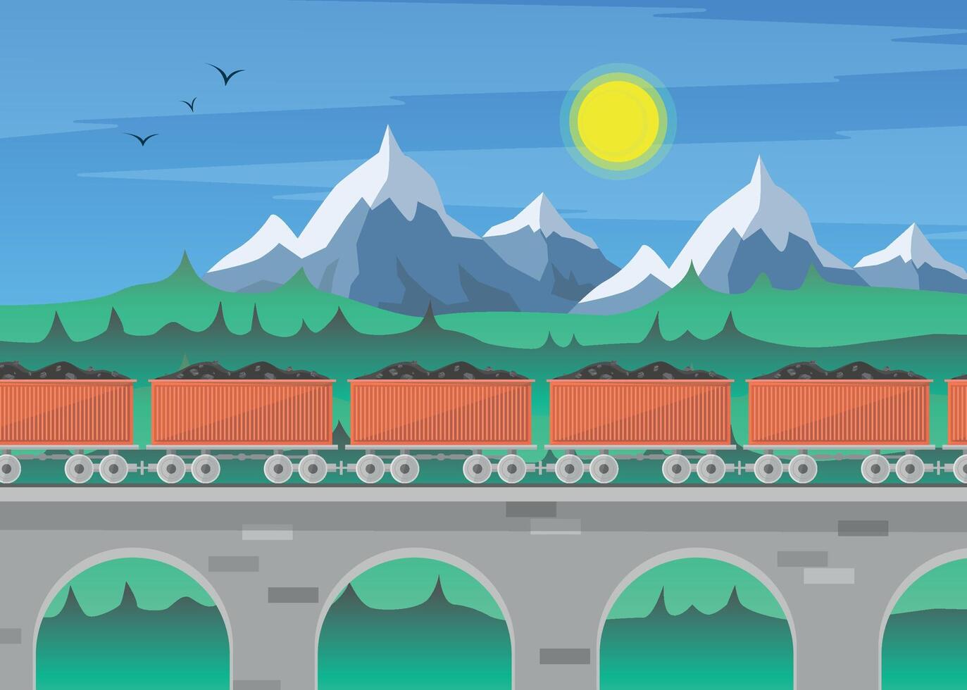 Mountain landscape with coal transported in wagons by rail. Coal transportation. Coal industry. vector