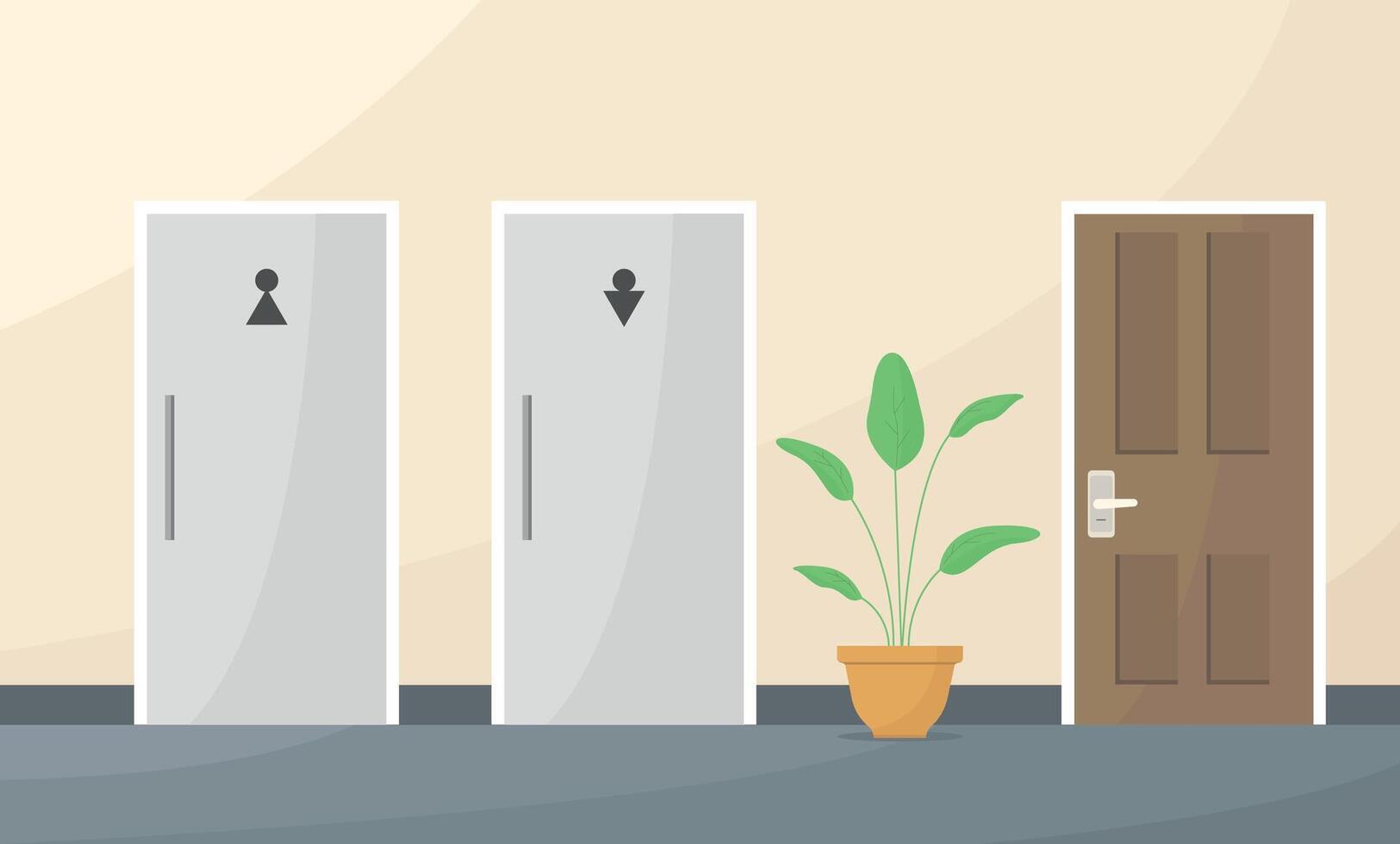 Interior of a corridor with a public toilet, a plant and a utility room. Men's and women's toilets. vector