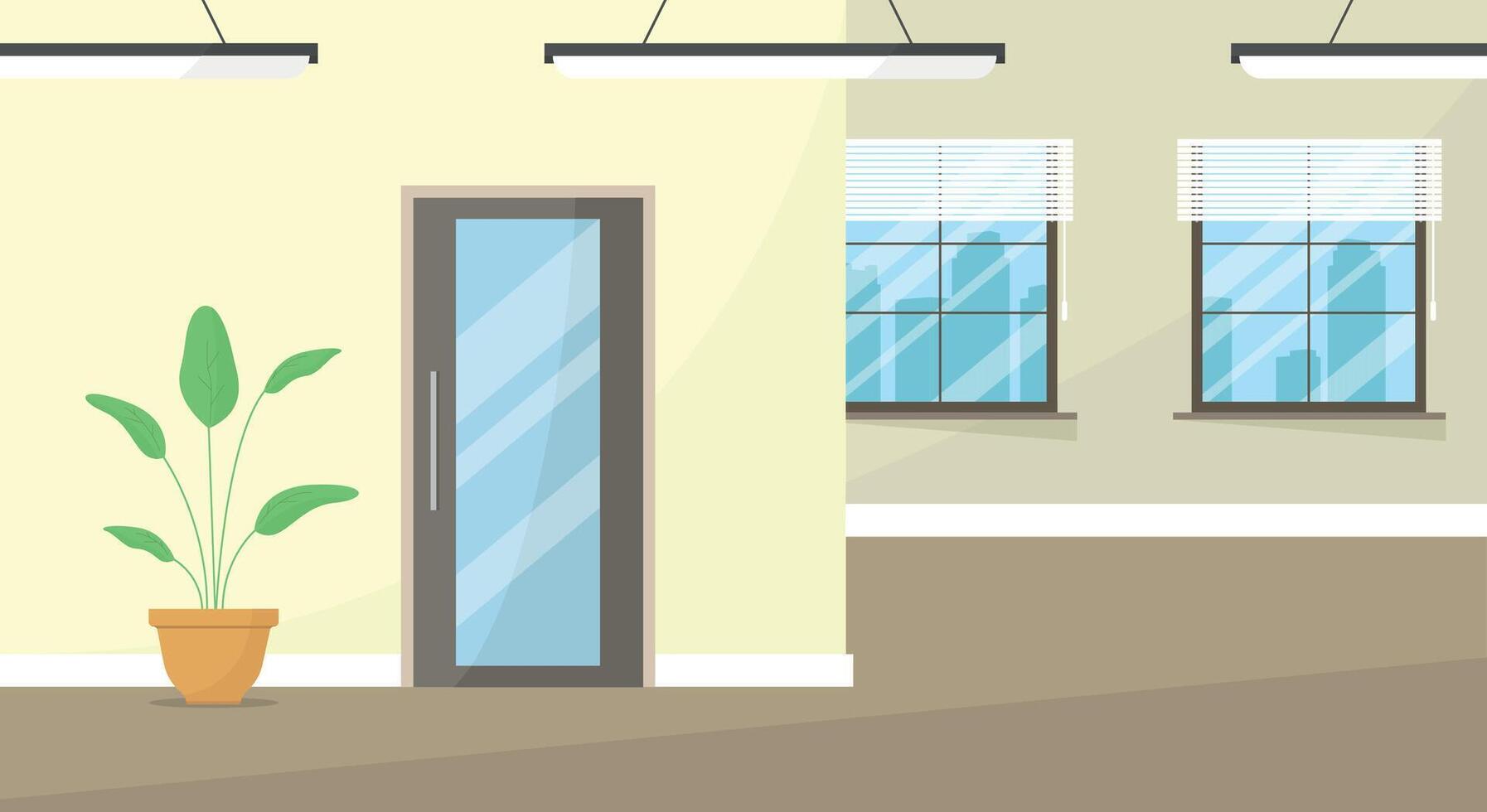 Interior of an office hall with a cabinet, a plant and windows. Commercial real estate. Rent, sale. vector