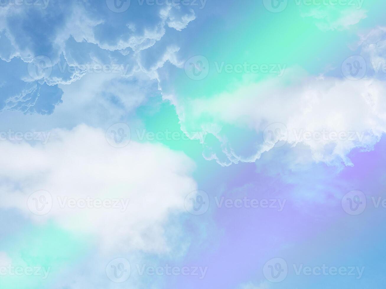 beauty sweet pastel green and violet with fluffy clouds on sky. multi color rainbow image. abstract fantasy growing light photo