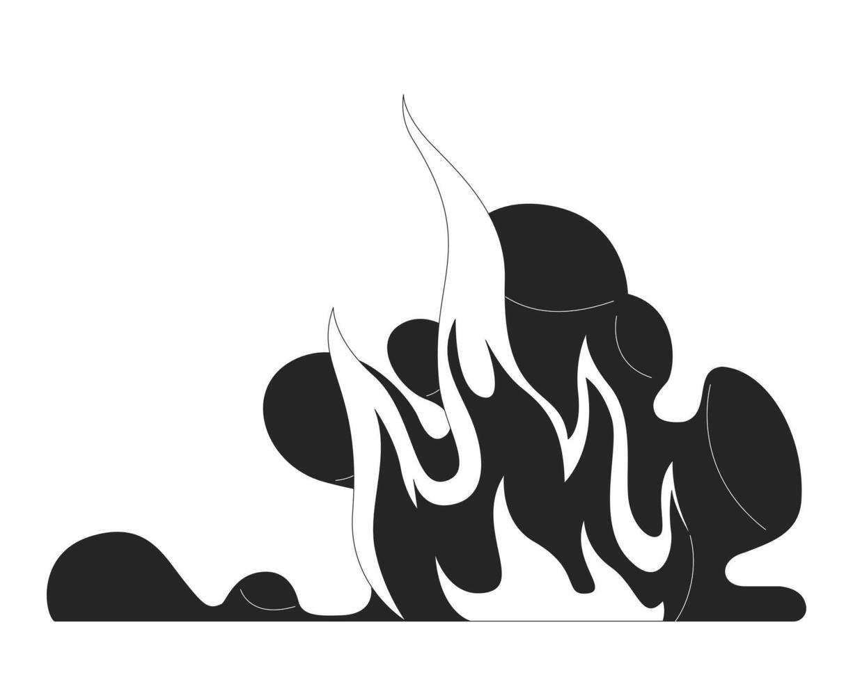 Fire flames with smoke rising 2D line object. Environmental heat danger, emergency situation. Wildfire disaster. Burning hazard isolated clipart ink outline item. Monochrome spot illustration vector