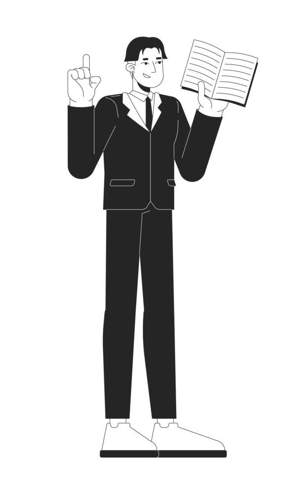 Confident lawyer asian man holding legal book 2D line character. Korean male speaker. Businessman giving presentation with document isolated ink outline person. Monochromatic spot illustration vector