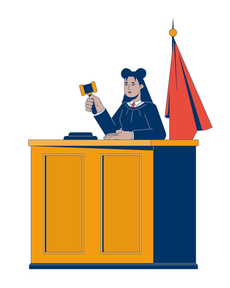 Latina judge woman with gavel making verdict at courtroom desk 2D cartoon character. Legal authority. Professional judiciary female flat person isolated on white. Spot illustration colorful vector