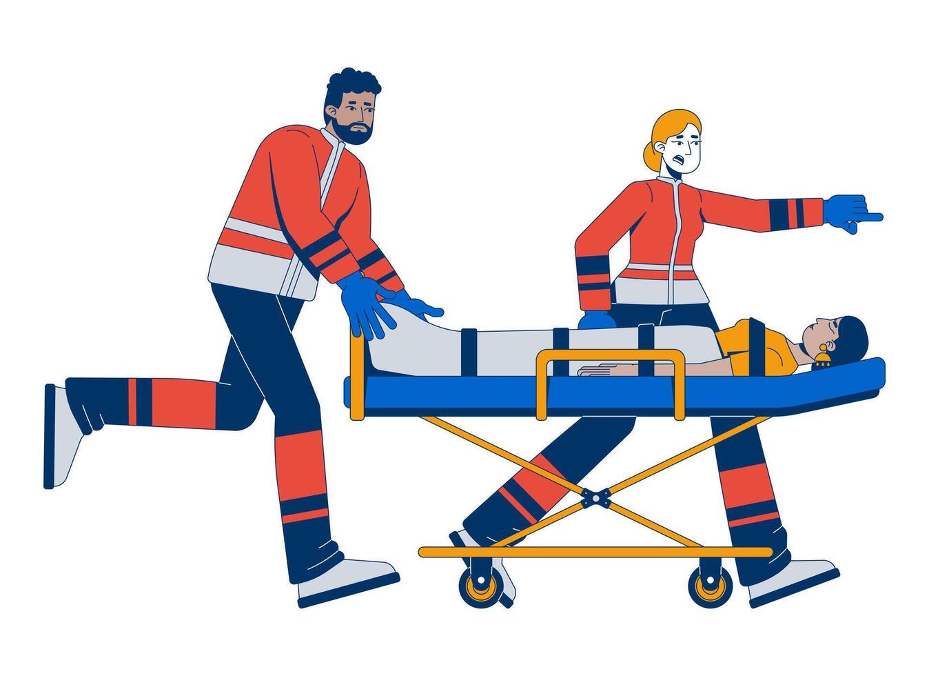 Diverse paramedics rushing with patient on stretcher 2D cartoon characters. Emergency responders transporting unconscious woman flat people isolated on white. Spot illustration colorful vector