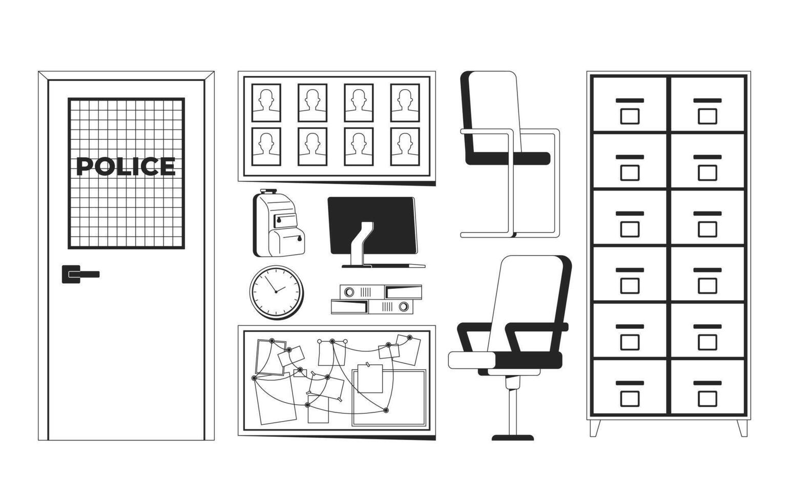 Police office interior with investigation tools 2D line objects set. Door, filing cabinets, chairs, evidence board isolated cliparts ink outline items. Monochrome spot illustrations collection vector