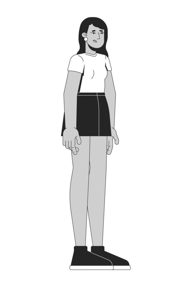 Sad young indian woman in casual outfit standing still 2D line character. Stress reaction. Unhappy mood. Ordinary citizen isolated ink outline person. Monochromatic spot illustration vector