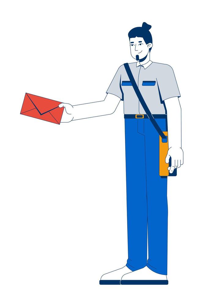 Caucasian male mail carrier delivering letter 2D cartoon character. Postal worker man with envelope wearing uniform and shoulder bag flat person isolated on white. Spot illustration colorful vector