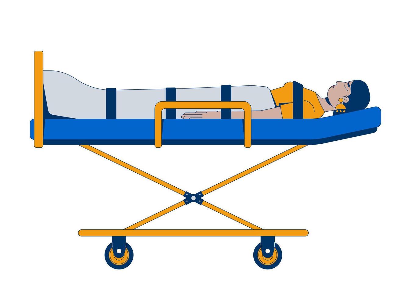 Indian woman patient lying on paramedic stretcher 2D cartoon character. Medical emergency. Hindu female injured transportation flat person isolated on white. Spot illustration colorful vector