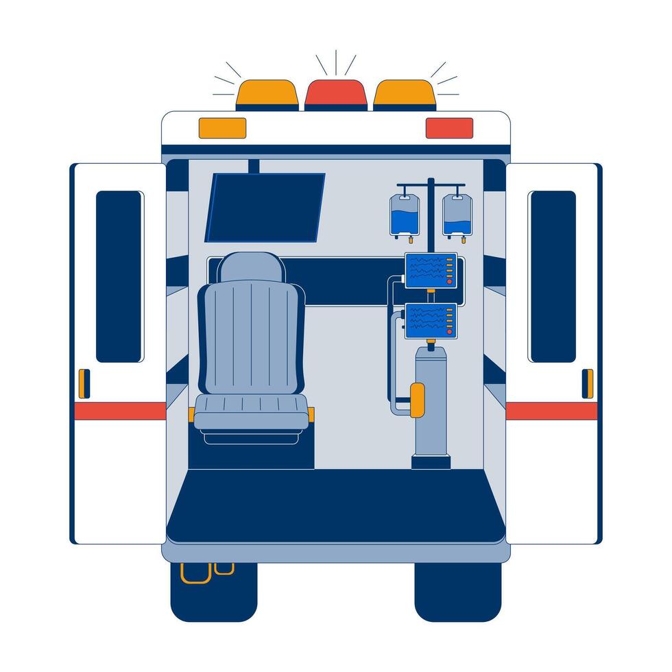 Inside view of ambulance with medical equipment 2D cartoon object. Monitoring screens, IV bags, paramedic seat in hospital vehicle isolated element flat clip art on white. Spot illustration vector