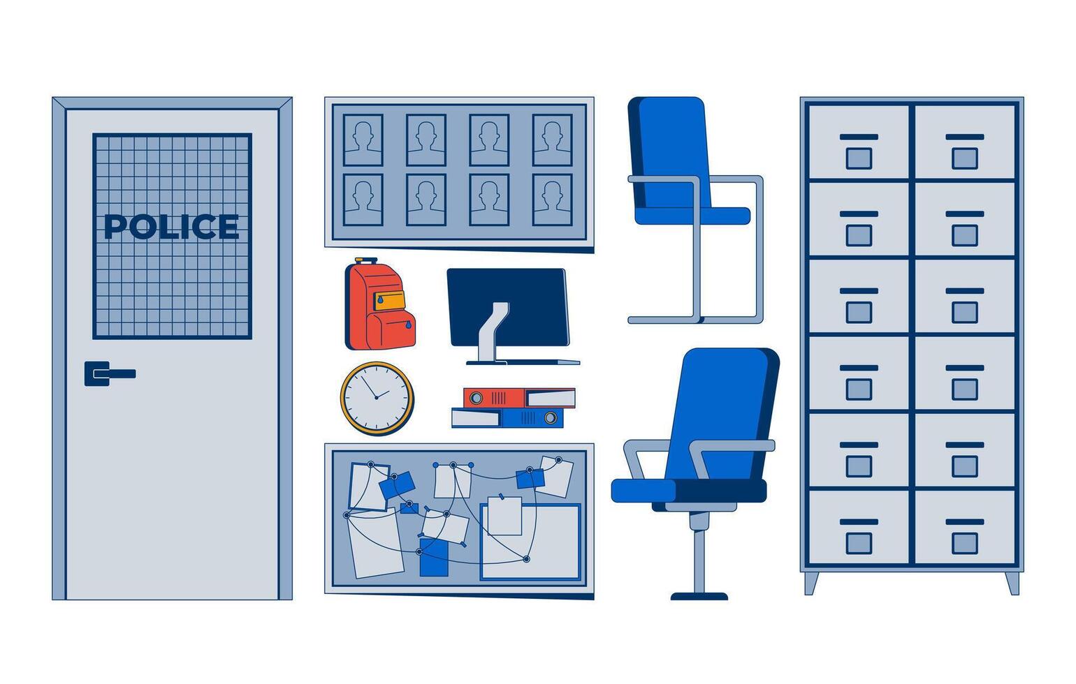 Police office interior with investigation tools 2D cartoon objects set. Door, filing cabinets, chairs, evidence board isolated elements flat clip arts on white. Spot illustrations collection vector