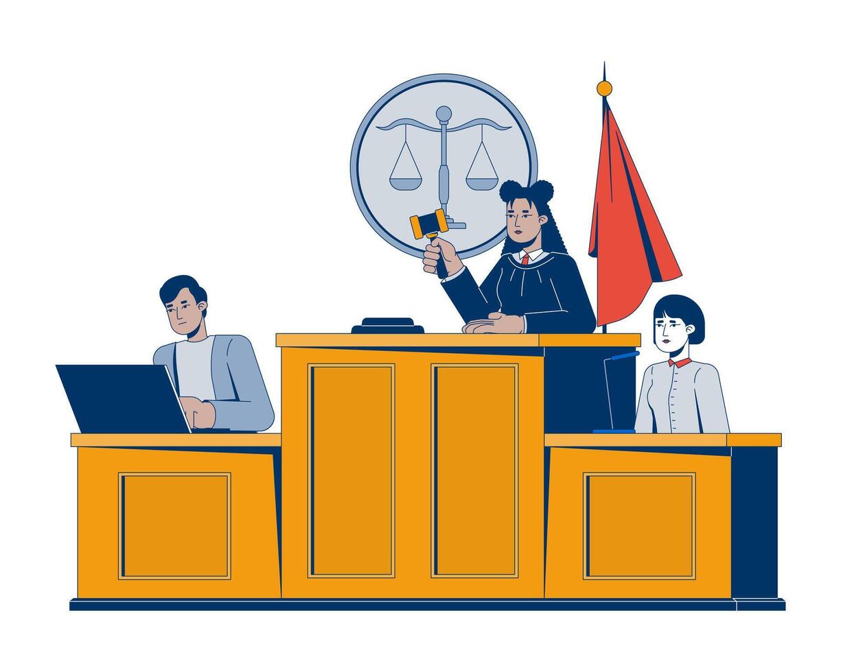 Latina female judge in courtroom holding gavel 2D cartoon characters. Indian male lawyer laptop, asian woman witness testifying flat people isolated on white. Spot illustration colorful vector