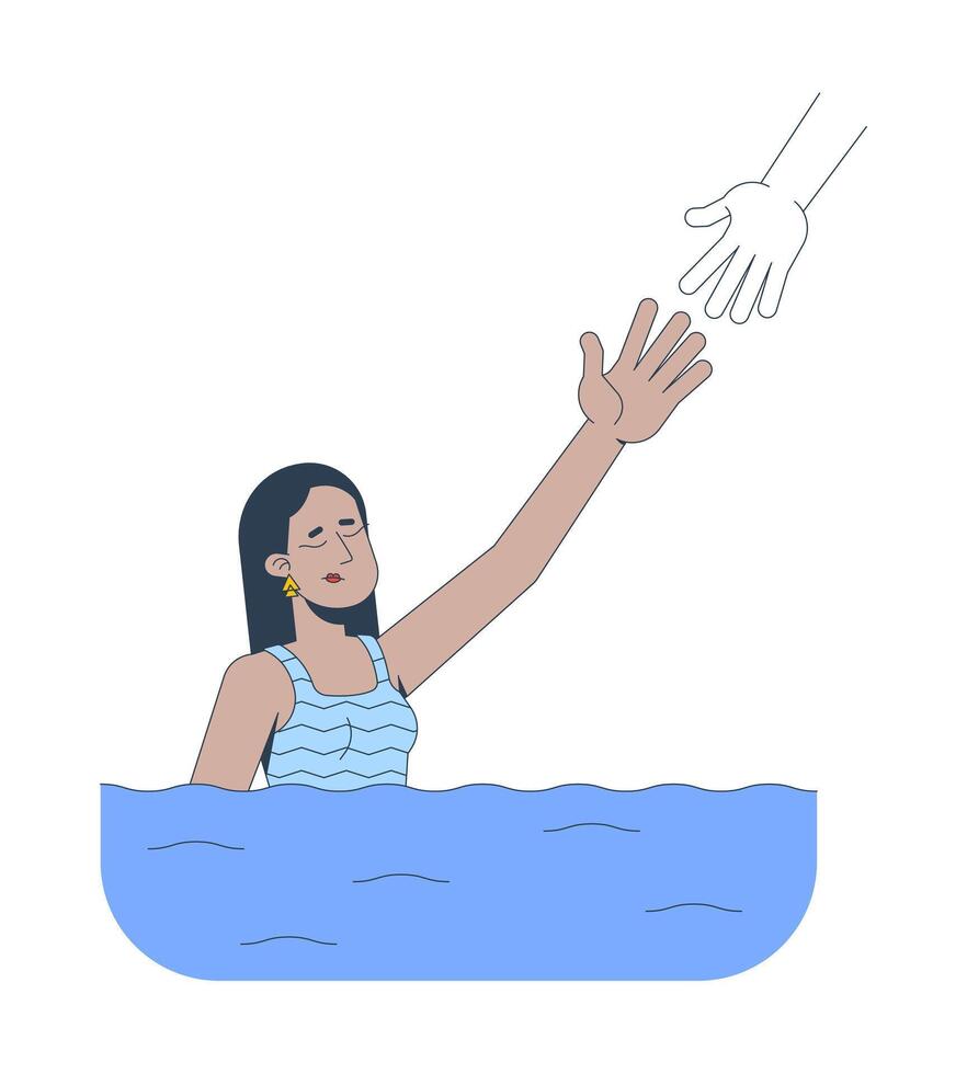Woman drowning in depression 2D illustration concept. Middle eastern female in water, eyes closed, reaching out toward helping hand cartoon character isolated on white. Flat abstract graphic vector