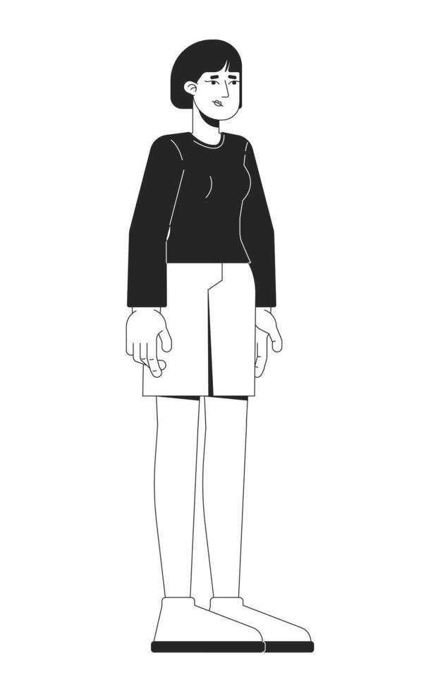 Unhappy korean woman in black longsleeve and shorts 2D line character. Stress reaction. Unhappy mood. Ordinary citizen isolated ink outline person. Monochromatic spot illustration vector
