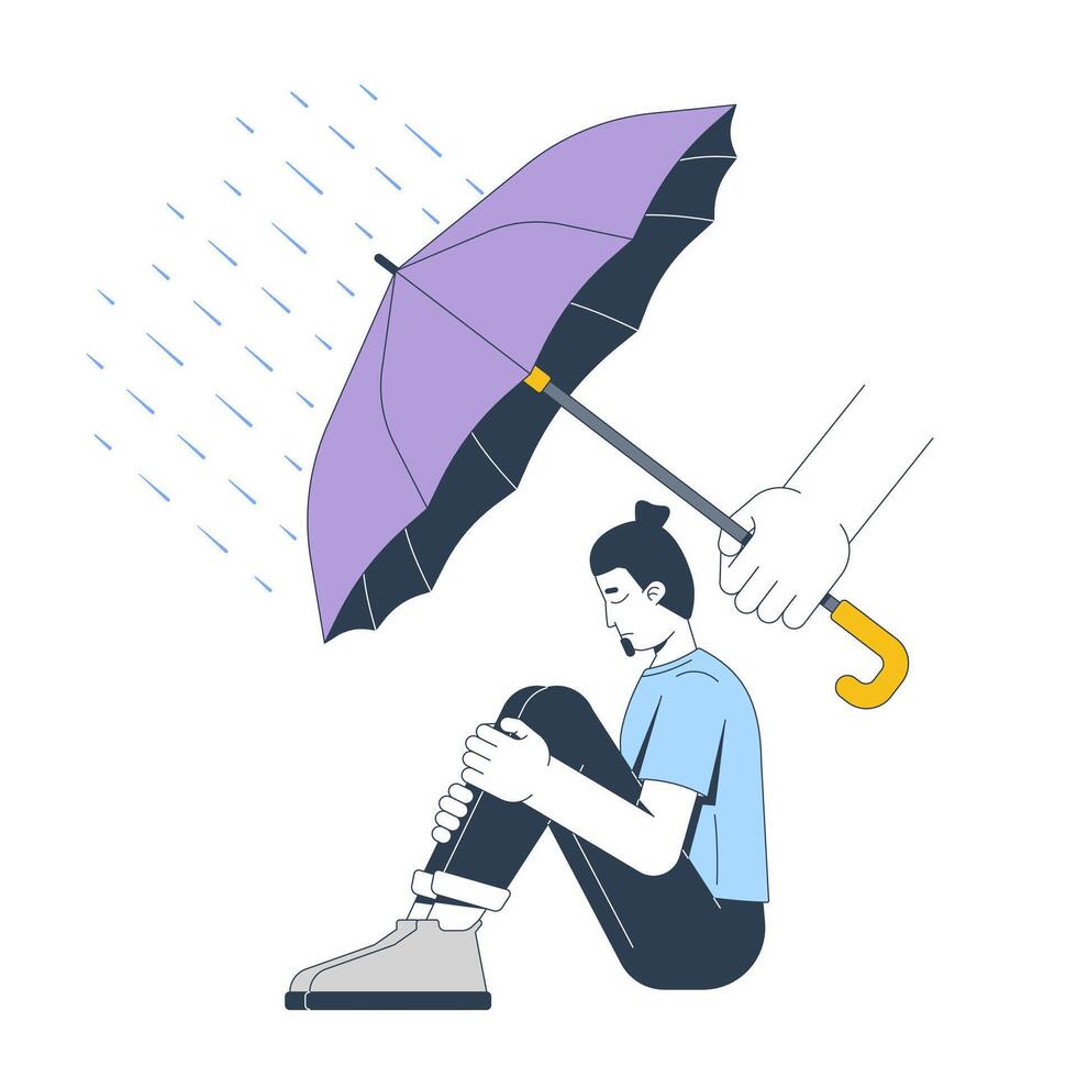 Support during mental health crisis 2D illustration concept. Protection in difficult times. Hand holding umbrella over depressed man cartoon character isolated on white. Flat abstract graphic vector