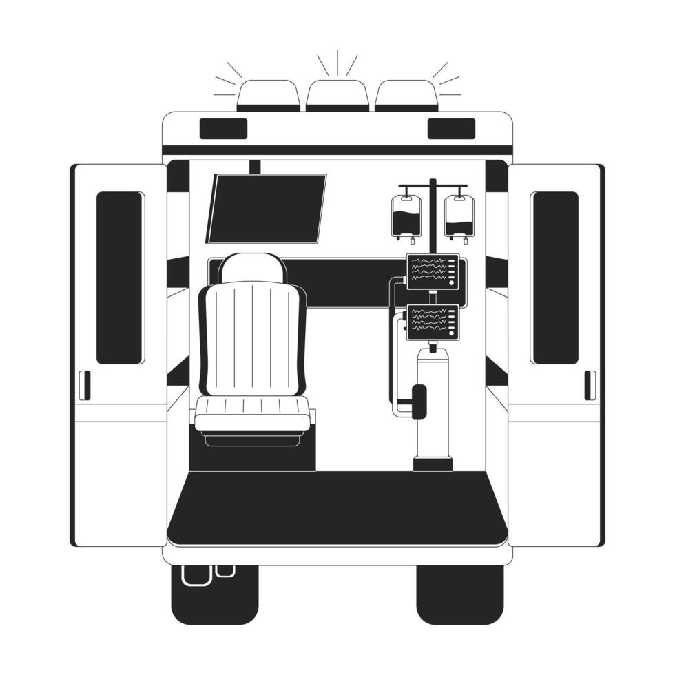 Inside view of ambulance with medical equipment 2D line object. Monitoring screens, IV bags, paramedic seat in hospital vehicle isolated clipart ink outline item. Monochrome spot illustration vector