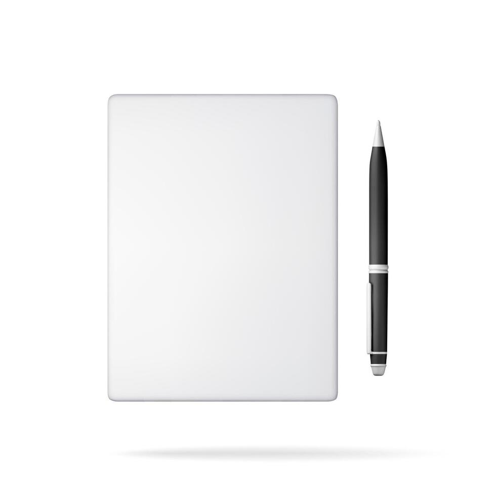 3d white blank paper page with black pen isolated. Render paper sheet with ballpoint pen. Empty document, mail, notes or letters mockup vector
