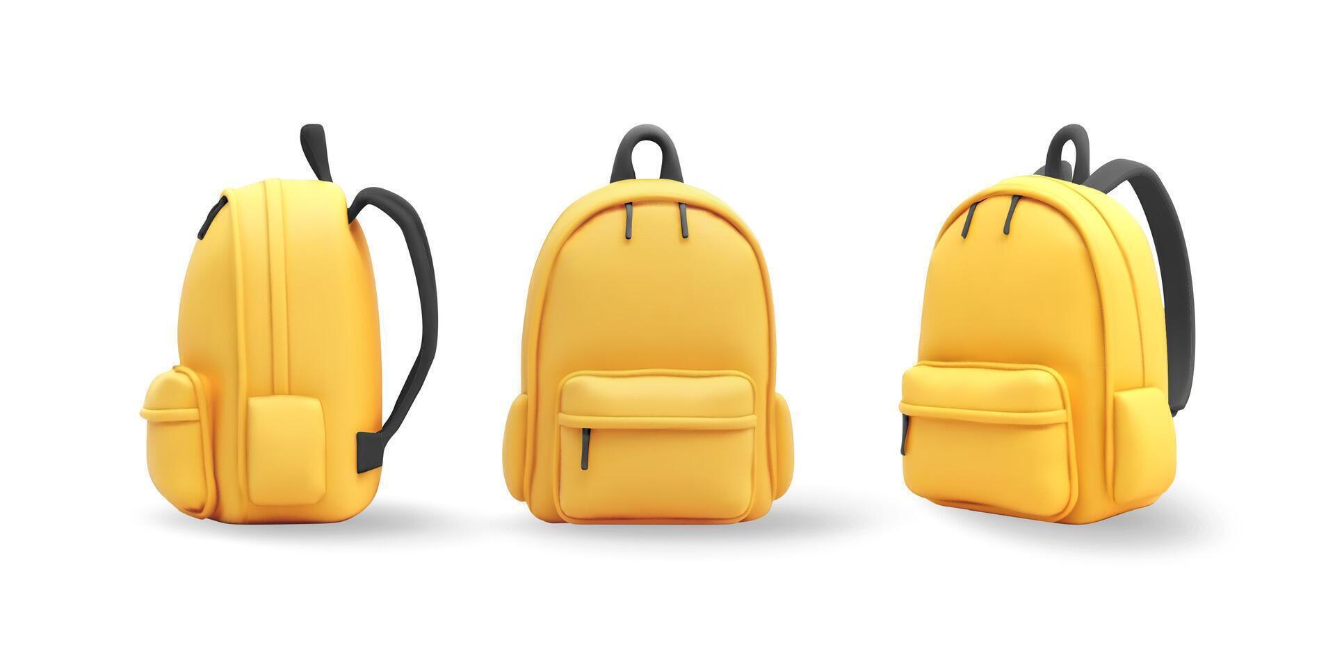 3d set of yellow school backpack isolated. Render collection of children schoolbag icon. Back to school. Rucksack for school, study, travel, hiking and work. Haversack, knapsack. vector