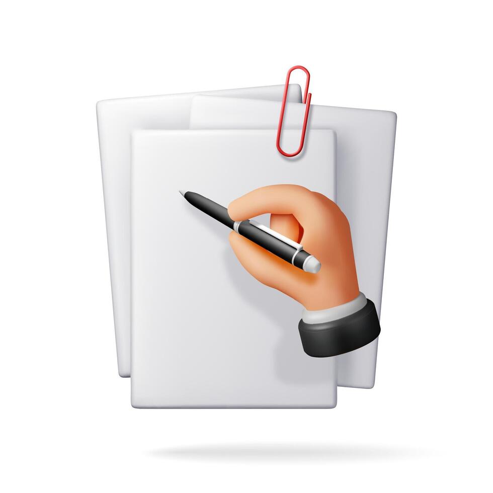 3d white blank paper page and hand with pen isolated. Render heap of paper sheet and pen. Empty document, mail, notes or letters mockup vector