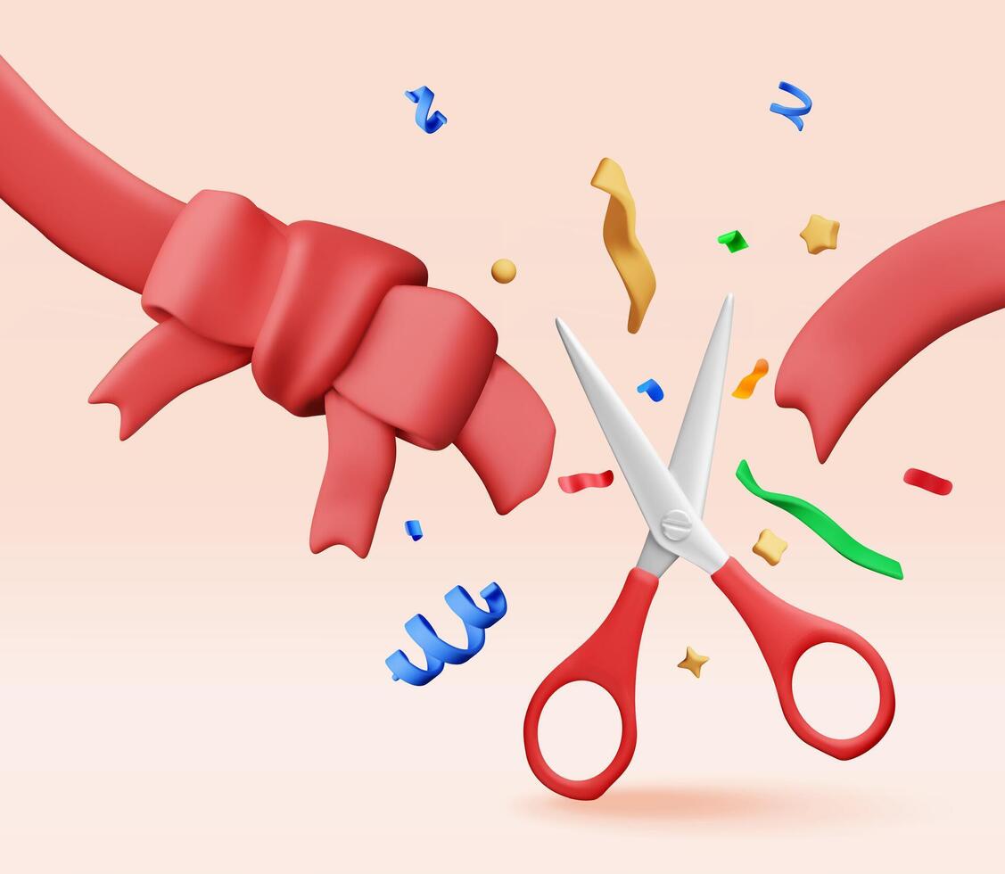 3D scissors cut red ribbon with bow in confetti. Render concept of opening ceremony, celebration, surprises. Satin bow and ribbon grand opening, product presentation symbol vector