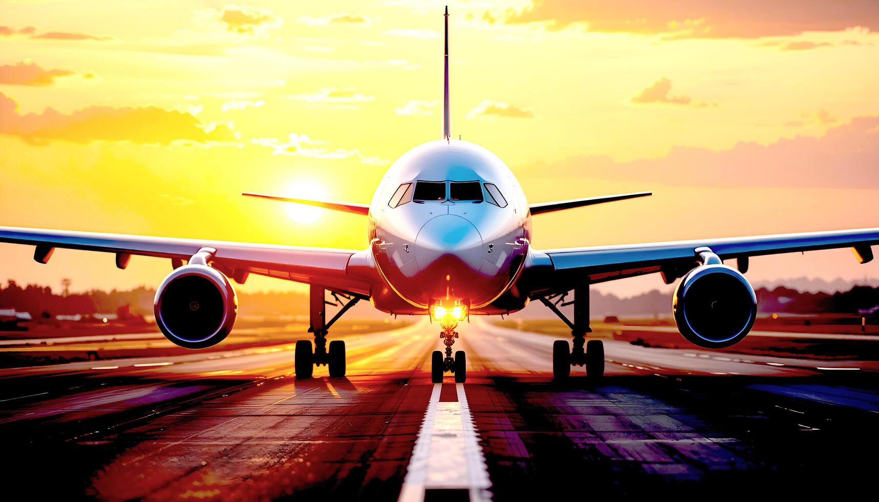 Airplane parked on an airport runway reflecting a soft evening sunlight photo