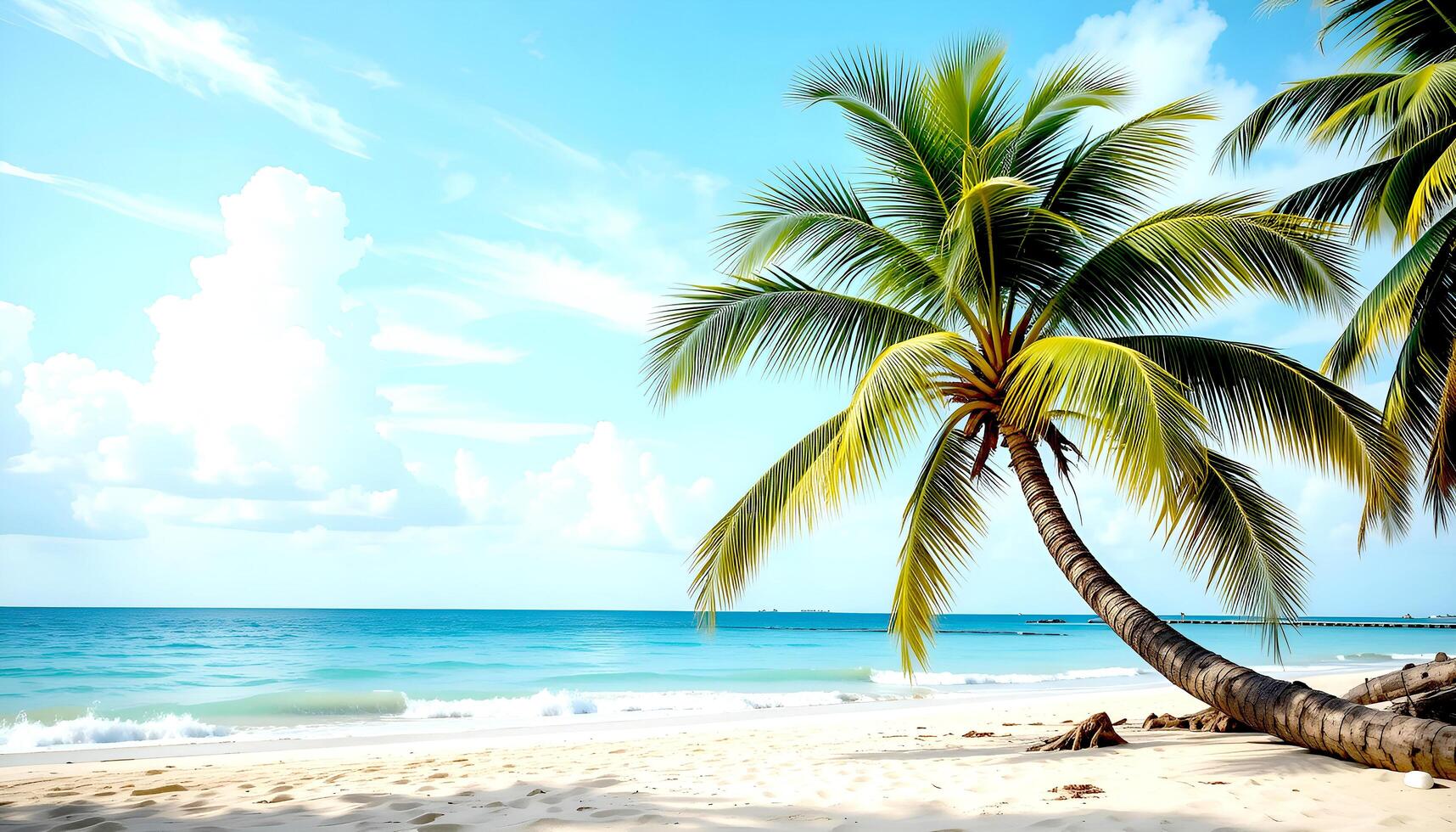 Coconut tree with smooth sea, sand and sky background. photo