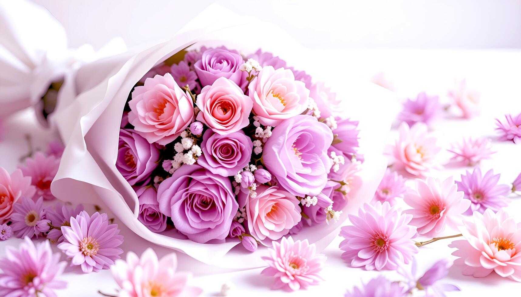 A bouquet of flowers wrapped in white paper, placed on top of the table photo