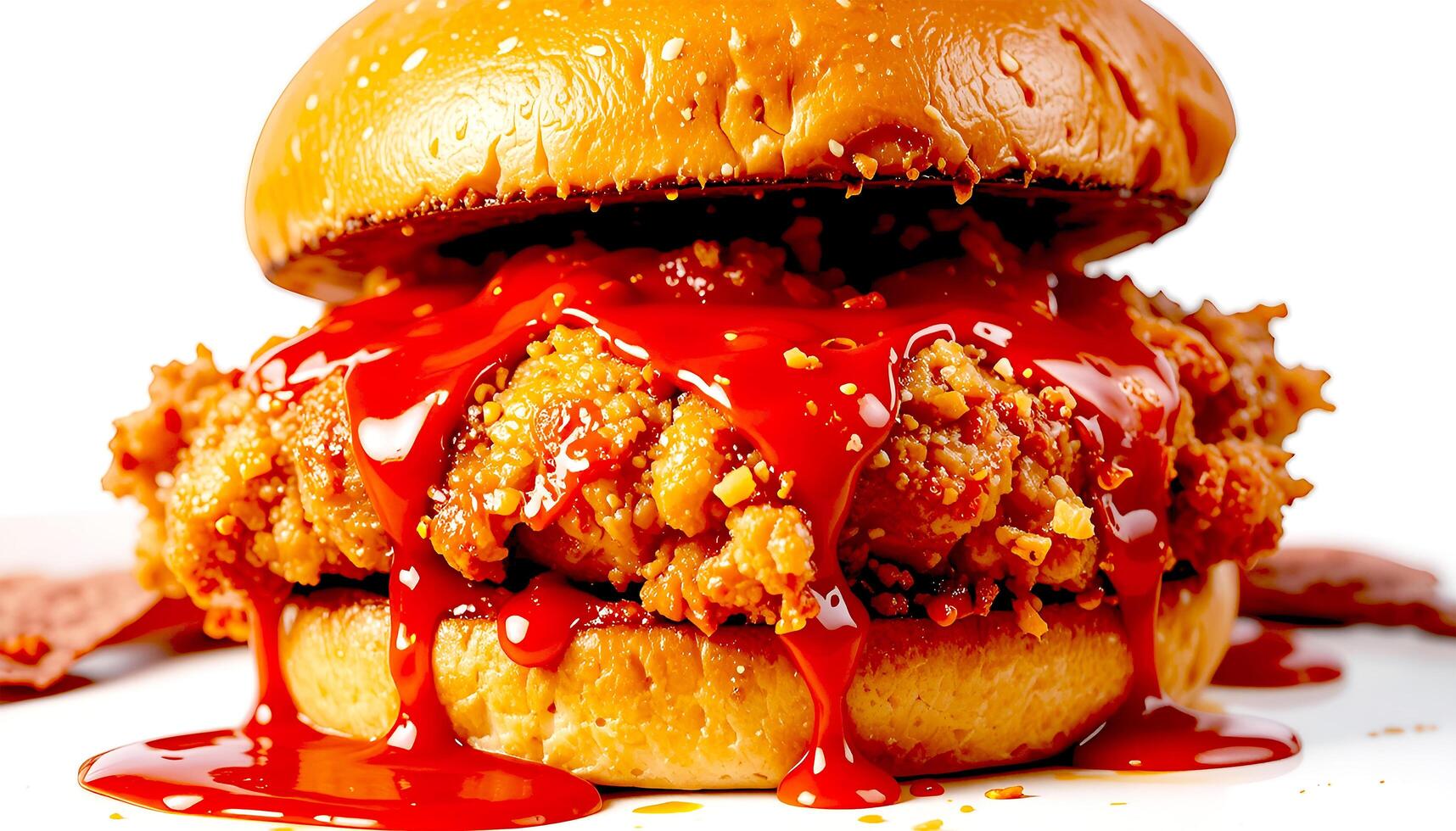 Crispy chicken burger dripping in chili sauce photo