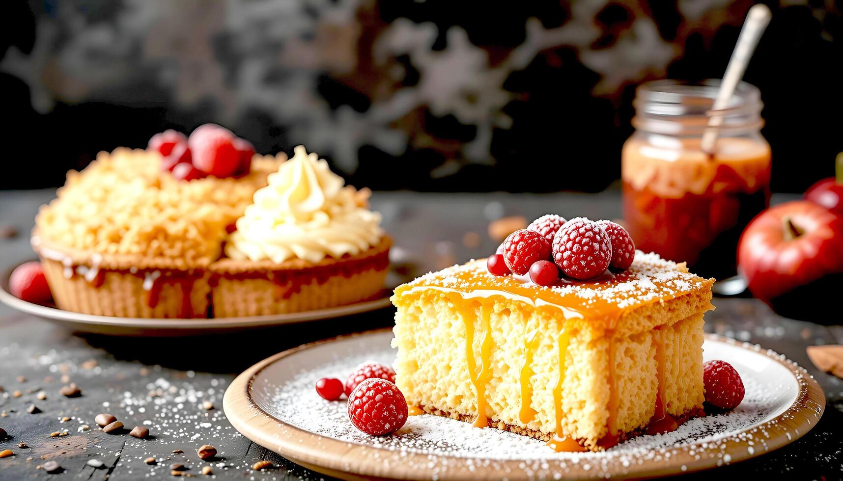 Vanilla cake with strawberry on the black table photo