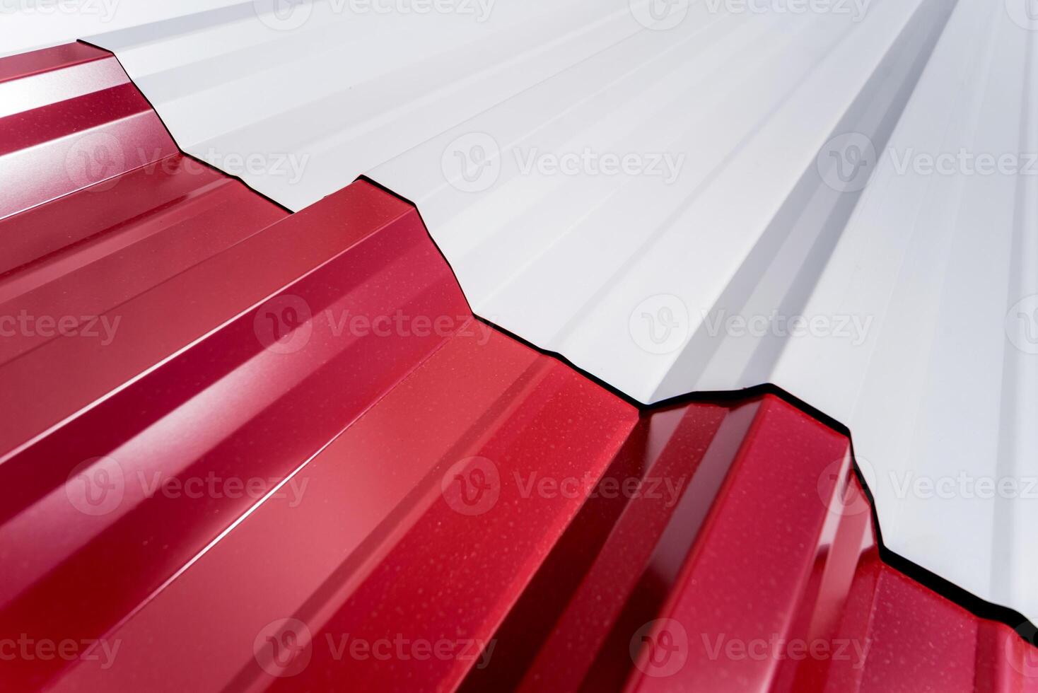Red and white metallic roof tiles background with drops of water. photo