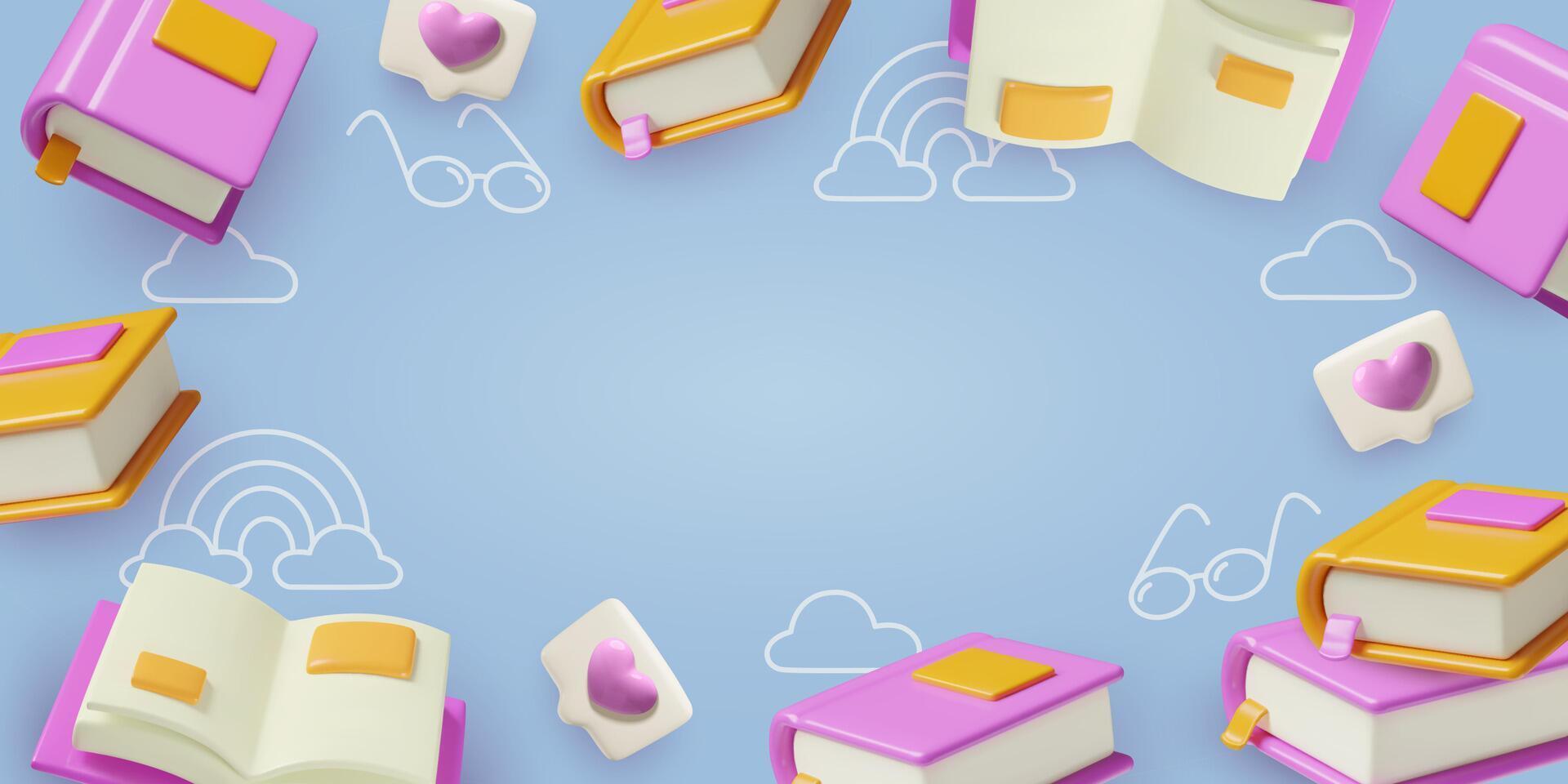 3d books reading background with flying children books hearts rainbows and clouds vector