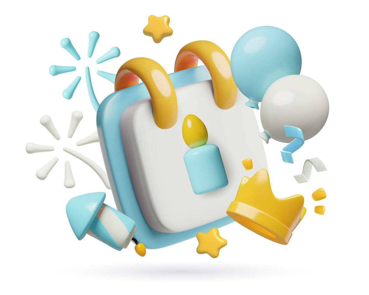 3D birthday party celebration emoji with blue calendar candle crown balloons fireworks and confetti vector