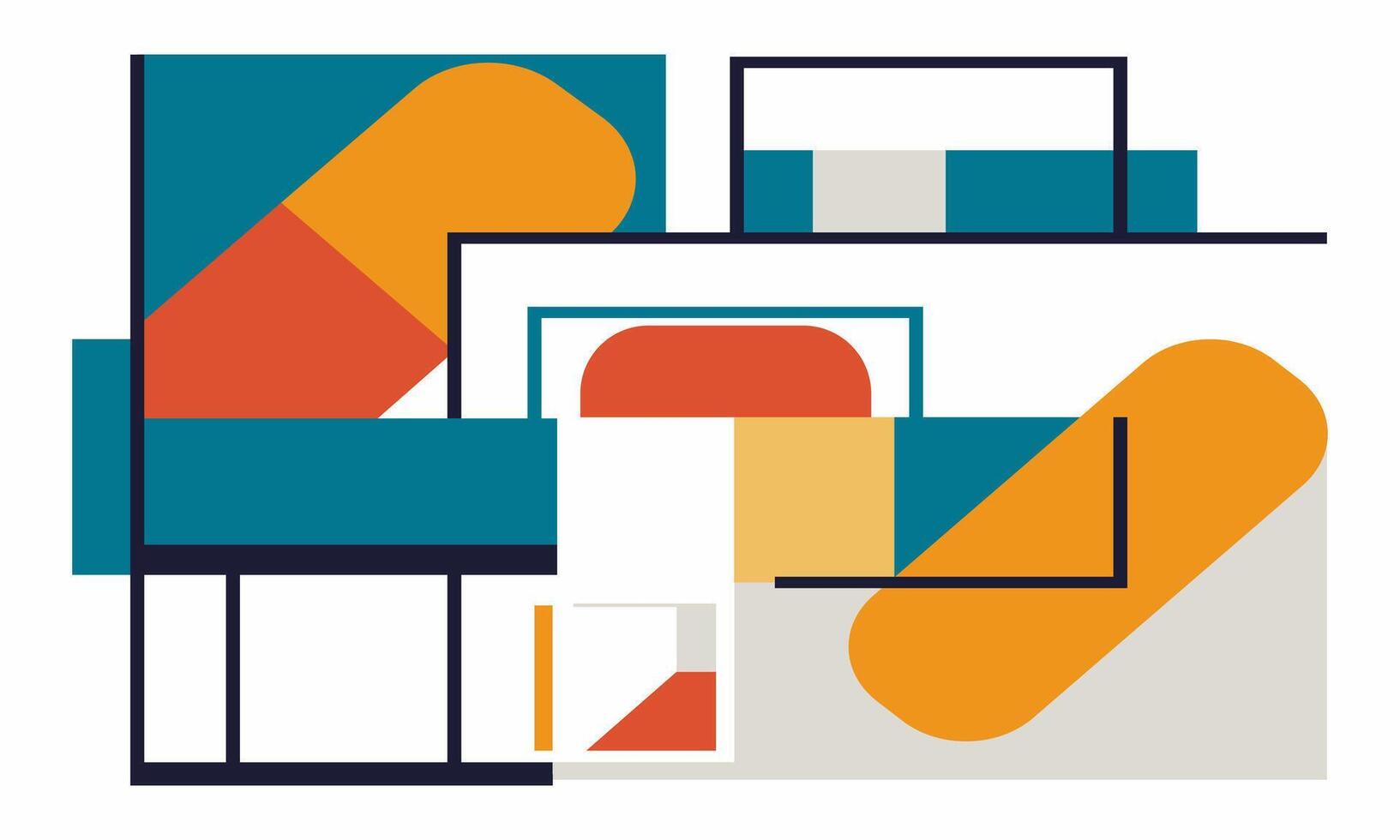 An illustration of a building with a large orange and blue rectangle vector