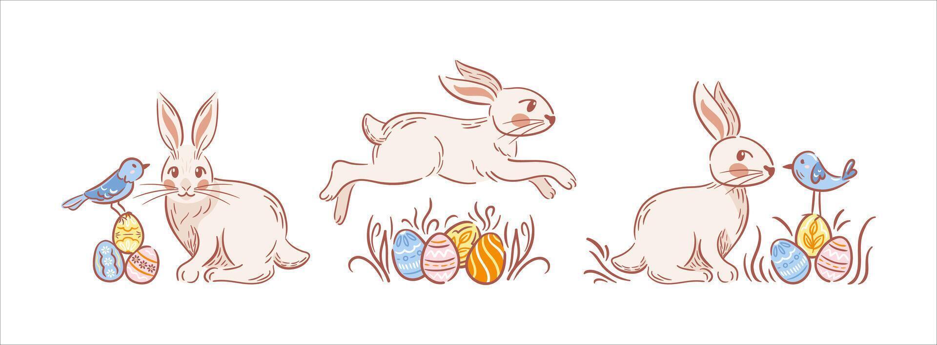 A set of adorable Easter scenes featuring adorable bunnies, colorful decorated eggs, and cheerful birds. This whimsical sketch style adds a touch of warmth and charm. vector