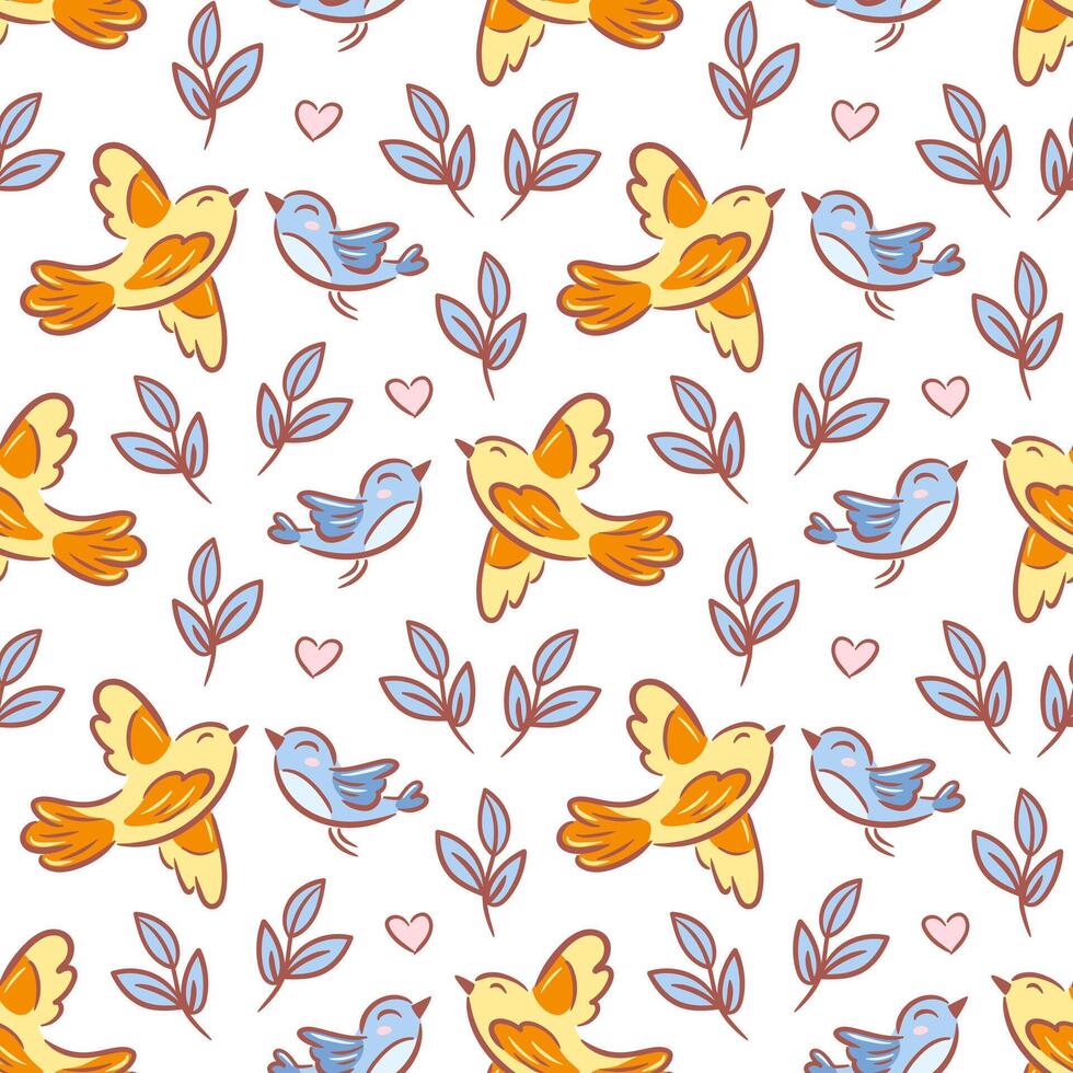 illustration blends playful bird and leaf designs, capturing affection and natures charm. Perfect for textiles, wallpapers, or greeting cards, it brings warmth, joy to celebrate love and connection vector