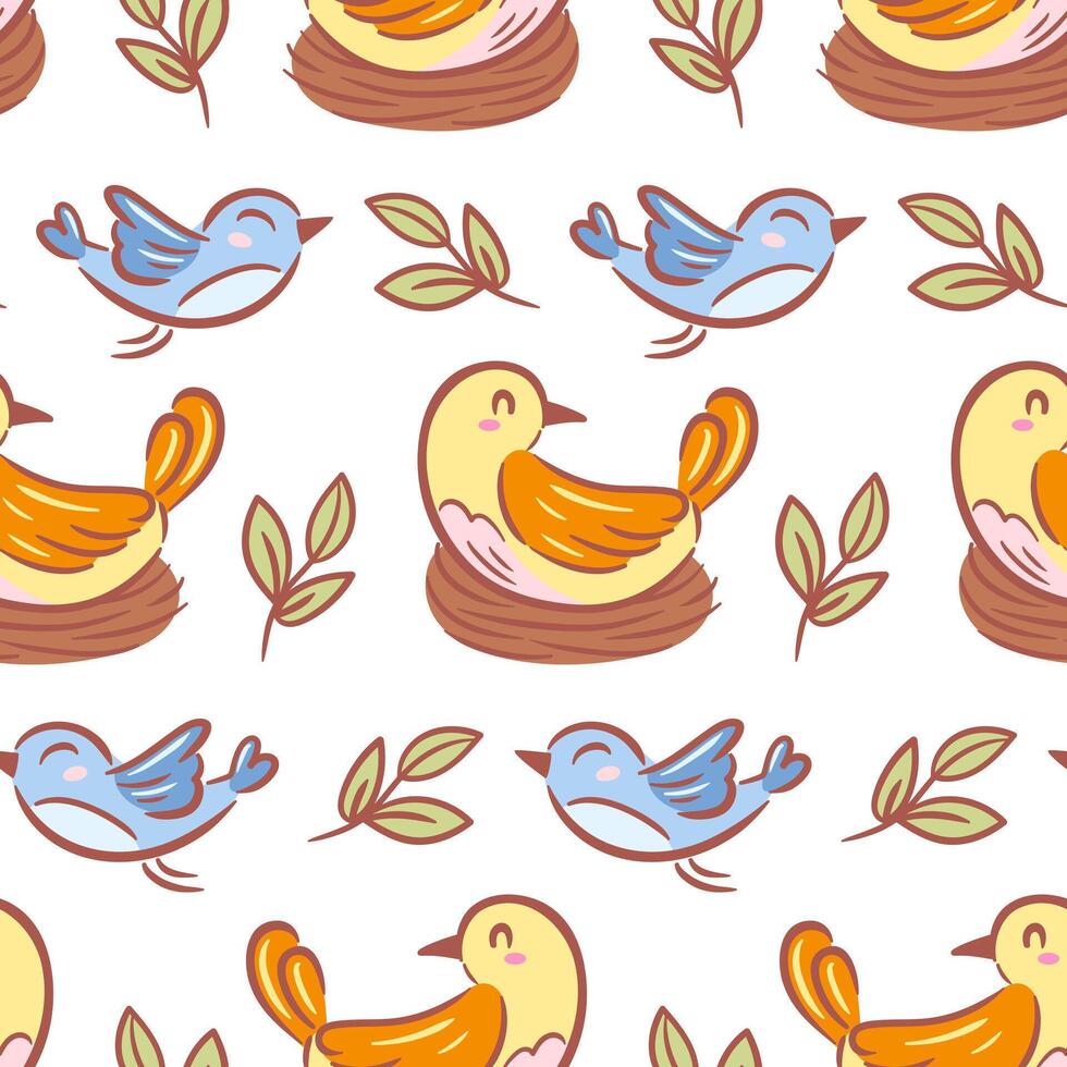 A charming seamless pattern featuring cute birds nestled in a nest, alongside flying birds and delicate branches, all illustrated in a lovely sketch. Perfect for spring themes and nature-inspired vector