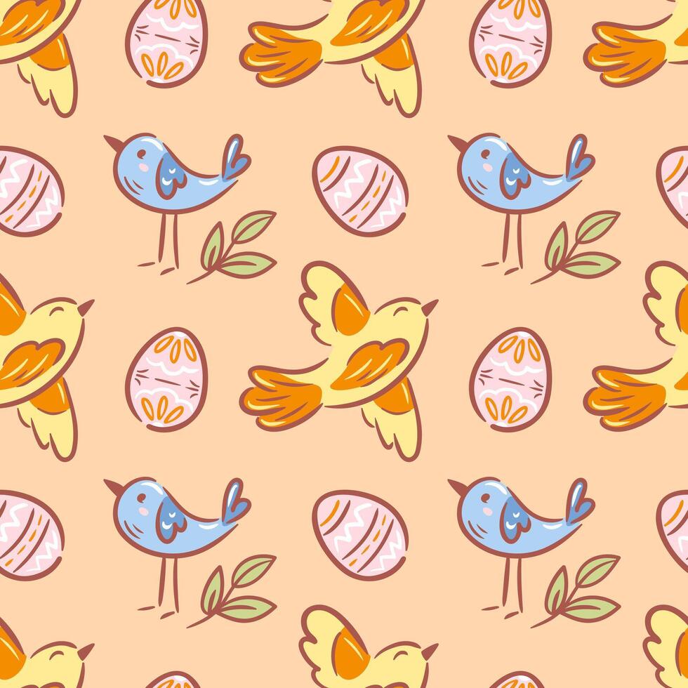 A vibrant seamless pattern featuring spring birds in flight and playful Easter eggs, rendered in a delightful sketch. This illustration captures the essence of renewal and joy vector